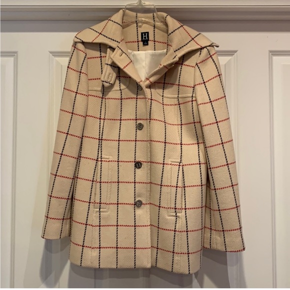 Vintage Hilfiger Wool Pea Coat S cream plaid chic